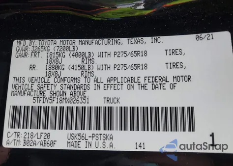 2021 Toyota Tundra Trd Pro from USA, damaged, VIN 5TFDY5F18MX026351